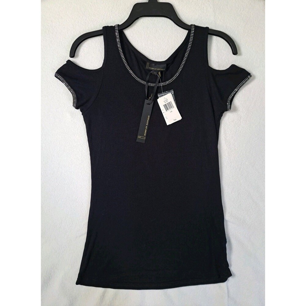 NWT Jeans By Buffalo Black Cold Shoulder Top Shirt Sz L Bling Sparkle Date Night